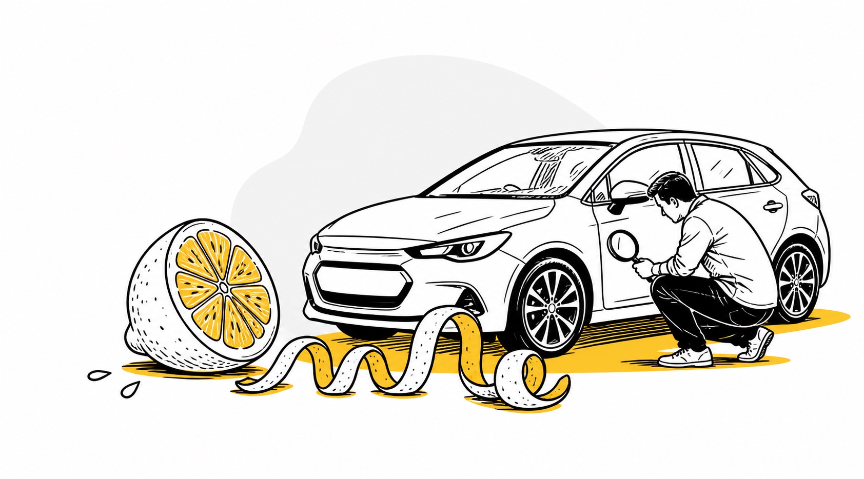 Independent inspector examining a used car beside a cut lemon